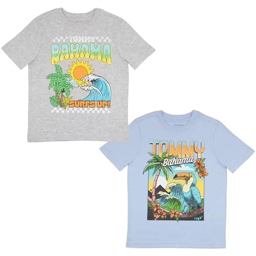 Tommy Bahama Boys 2-Pack Short Sleeve T-Shirt Bundle Graphic Print Boy Tees 2-Piece Set Fashion T Shirts for Kids & Teens (Light Blue and Gray, Size 5/6)