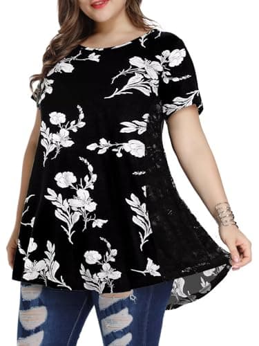 LARACE Women Plus Size Short Sleeve Tunic Tops Lace T-Shirt(Black60, 3X)