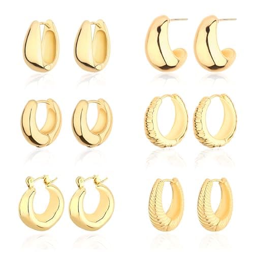 Wgoud 6 Pairs Chunky Gold Hoop Earrings for Women, 14K Gold Plated Hoop Earrings Hypoallergenic, Thick Lightweight Twisted Huggie Hoops Earring Set for Women’s Jewelry GIfts (6 Prs Chunky Gold)