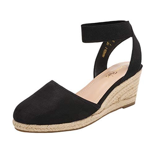 DREAM PAIRS Women's Elastic Ankle Strap Espadrilles Wedge Sandals, Size 5, Black, Amanda-1