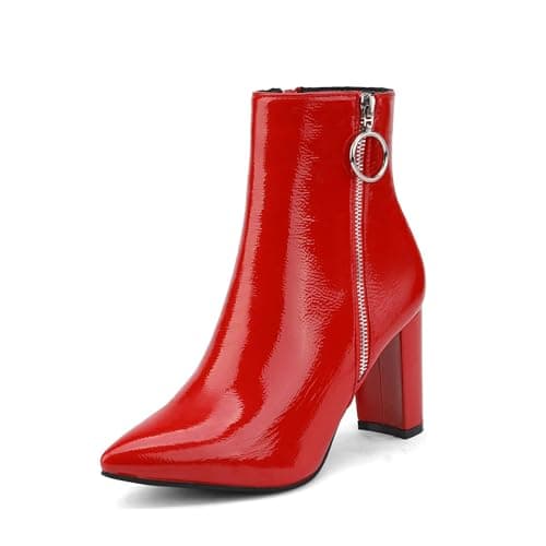 DREAM PAIRS Women's Chunky Heel Ankle Booties Pointed Toe Short Boots,Size 6.5,Red/Pat-3,SIANNA-1
