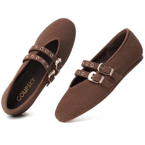 GOUPSKY Chocolate Mary Jane Shoes for Women Mesh Ballet Flats with Adjustable Double Buckle Strap Comfortable Slip On Dress Shoes for Daily Size 6.5