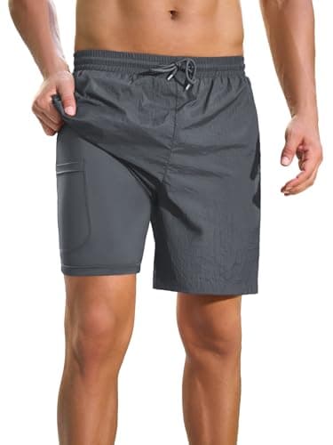 INCERUN Mens Swim Trunks with Compression Linner Waterproof Swim Shorts with Zipper Pocket Quick Dry Board Shorts Dark Gray Large
