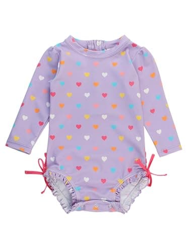 RuffleButts Baby Girls Polka Dot Long Sleeve Rash Guard - UPF 50+ One Piece Swimsuit