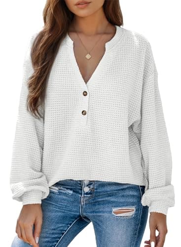 Dokotoo Women Waffle Knit Plus Size Tops V Neck Long Sleeve Shirts Solid Color Casual Cute Top Vintage Button Down Blouses Trendy Going Out Outfits Dressy White T Shirt XX-Large