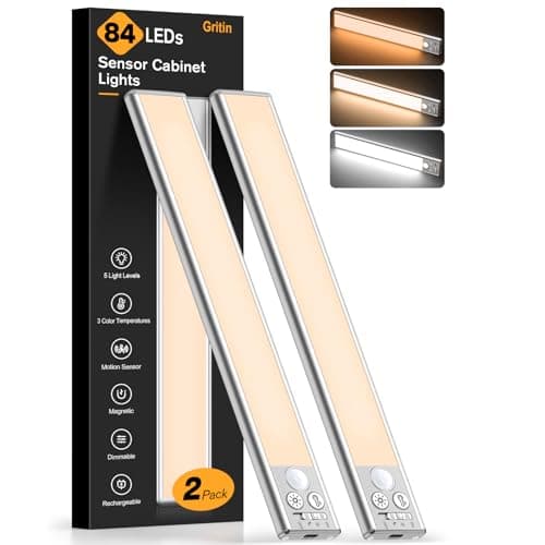 Gritin 10.2inch Under Cabinet Lighting Rechargeable 2 Pack- 3 Color Temps&5 Level Brightness, Super Bright, 4 Modes, Motion Sensor, Long Lasting - Easy Installation Magnetic Under Closet Lights