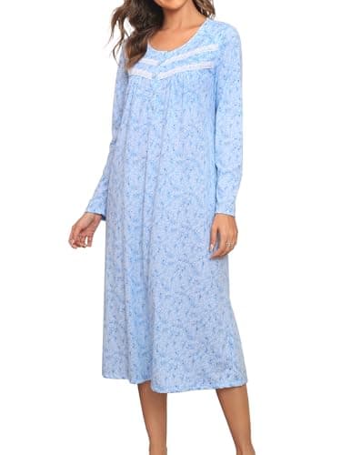 FMIRREO Women's Cotton Long Sleeve Nightgown Soft Warm Knitted Nightdress for Women Full Length Night Gown Soft Comfy Sleepwear Button Sleep Shirts Blue White Small Flowers Medium