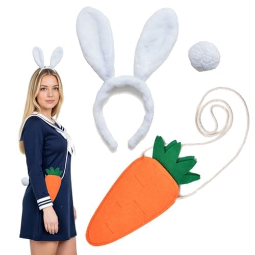 Kirei Sui White Bunny Ears Headband & Tail Costume, Carrot Accessories for Halloween Adults Teens