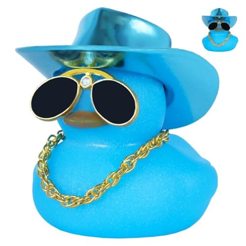 FINEED Blue Rubber Duck with Laser Cowboy Hat, Diamond Glasses & Necklace - Squeaky Car Dashboard Decor, Funny Gift for Men and Women, Office Home Desk Decoration Accessory