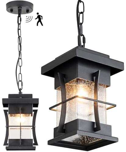 EERU Motion Outdoor Pendant Light Fixture with Dusk to Dawn Sensor Exterior Hanging Lantern with Adjustable Chain Black with Seeded Glass Outside Lights for House Patio Front Porch Lighting