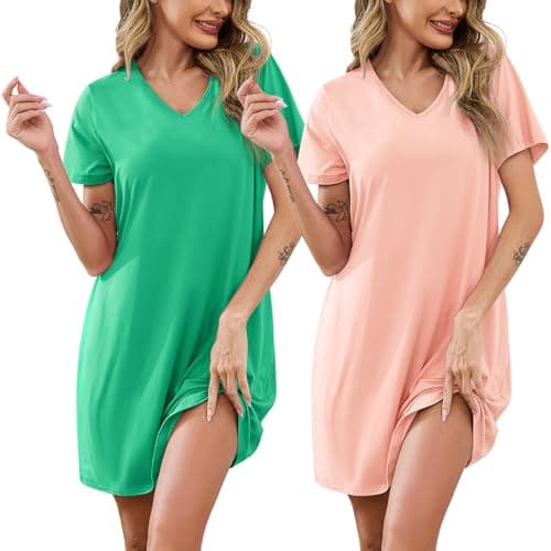Marvmys Women Short Sleeve Sleepshirts Summer Casual T-shirt Nightgowns 2 Pack V Neck Pajama Dress Nightshirts Pink&Green S