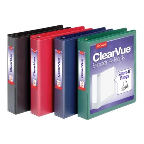 Cardinal 1.5 Inch 3 Ring Binder,Binder for School and Office, Durable D Ring, Assorted Colors, Black, Red, Blue, Green 4 Pack, Holds 375 Sheets (29300)
