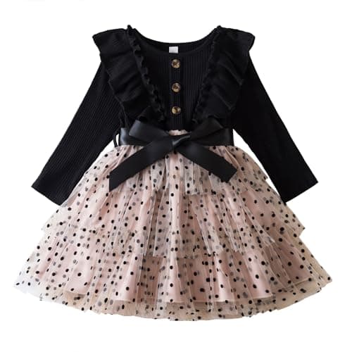 HNXDYY Toddler Girl Princess Tulle Long Sleeve Party Dress Ruffle Polka Dots Autumn Winter Clothes 110C-Black Size (110) 3-4 Years