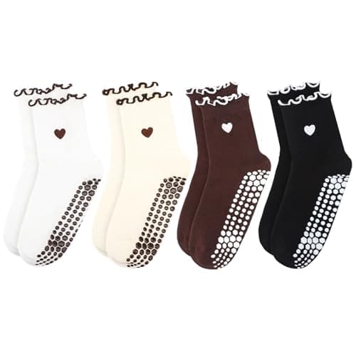 soxitoevy 4 pairs Cute Pilates Socks with Grips for Women Ruffle Yoga Socks Non Slip Sock Heart Pattern for Ballet Dance Workout
