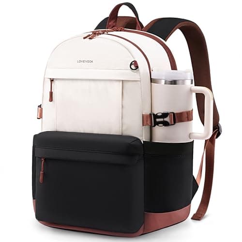 LOVEVOOK Laptop Backpack for Women with Giant Tumbler Holder,15.6 Inch Laptop Computer Bag Travel Backpack Purse,Waterproof Work Business Backpack College Bookbag Teacher Bags,Beige-Black-Brown