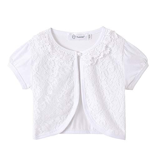 SMILING PINKER Little Girls Bolero Short Sleeve Cap Lace Top (4-5T,White Short Sleeve)