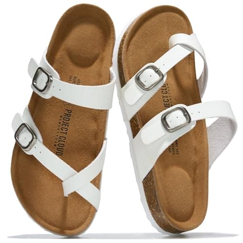 Project Cloud 100% Genuine Leather Womens Sandals -Lightweight Womens Slides Memory Foam Insole & Cork Footbed Sandals Women - Non-Slip Beach Essentials Summer Sandals for Women 2026 (LianW,WHIT,7.5)