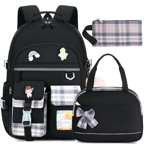 KIDNUO Backpack for Girls 15.6 Inch Laptop School Bag Kids Elementary College 3pcs Backpacks Lunch box Pencil Case Set Bookbags for Girls Teen Women Student Black