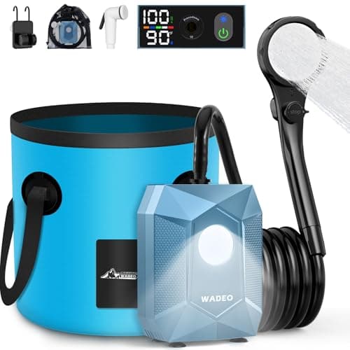 2026 Upgraded Portable Shower for Camping, Rechargeable Camping Shower Pump with 20L Collapsible Bucket, Camping Shower Light, IPX8 Waterproof Outdoor Shower for Camping, Hiking, Traveling, Washing