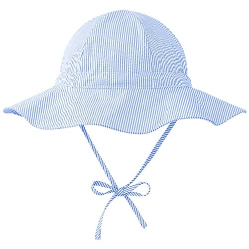 Zando UPF 50+ Baby Girl Sun Hat 6-12 Months - Wide Brim Baby Bucket Hat 6-12 Months with Adjustable Strap Summer Infant Sun Hats for Babies for Beach Pool Camping Walking Trips Party Blue Stripe S