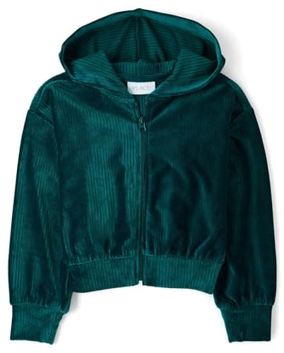 The Children's Place,Girls,Long Sleeve Active Hooded Fleece Full Zip Up,Rainforest Velour Rib,Medium