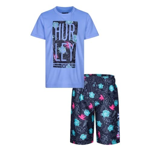Hurley Boys Swim Suit 2-Piece Outfit Set, Blue/Black Floral, 2T