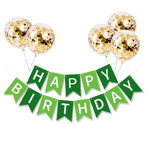 Happy Birthday Banner Sign Bunting Hanging Decorations with Shiny Gold Balloons Birthday Party Sign Decor for Party Supplies(Green)