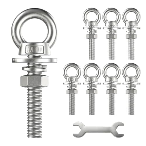 Fvqqdw 8 Pack M10 Stainless Steel Eye Bolts with Nuts and Washers, 3/8" x 6" Long Lifting Ring Eye Bolt, Heavy Duty Marine Grade 304 Eyebolts for Outdoor String Light Hanging, Tie Down Anchors