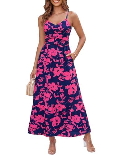 Zattcas Spring Summer Maxi Dresses for Women 2026 Spaghetti Strap V Neck Empire Waist Flowy Tiered Long Floral Sundress Boho Beach Vacation Wedding Guest Dress Navy Rosered M