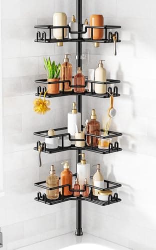 HAMITOR Shower Caddy Tension Pole: 4-Tier Adjustable Corner Organizer Black