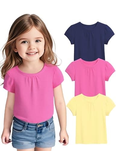 ZUEMET 3 Pack Toddler Girls Short Sleeve T-Shirts Pleated Crewneck Shirts Cotton Tee Tops Size 4T Navy Blue+Peach Pink+Yellow