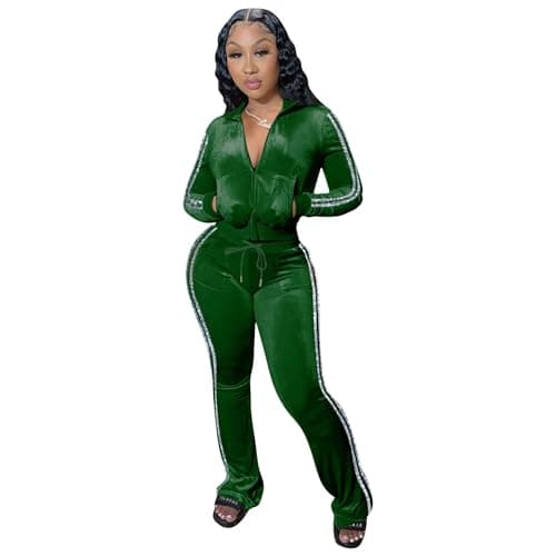Womens 2 Piece Velour Jogger Tracksuit Two Piece Sexy Outfits for Women, Long Sleeve Full-Zip Up Velvet Crop Tops Jacket Flared Pants Matching Set Sportswear Sweatsuit Pockets Patchwork Glitter Stripe