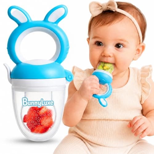 BunnyLuxe Silicone Baby Fruit Feeder for 4 to 10 Months Plus Baby Food Feeder Pacifier for Safe Self Feeding Teething Relief Fresh Food and Baby Led Weaning, Blue