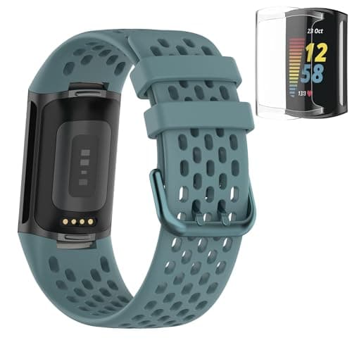 Bands Compatible with Fitbit Charge 5, Air Holes Design Silicone Sport Band Strap for Fitbit Charge 6 / Charge 5 with TPU Clear Screen Protector Case (Blue)