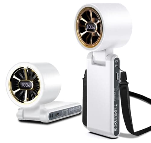 CAZOKASI Rechargeable Strong Wind Handheld Fan With Ambient Lighting 4 IN1 5000mAh Upto 22H For Desktop Waist Clip Neck (StrongWind/White)
