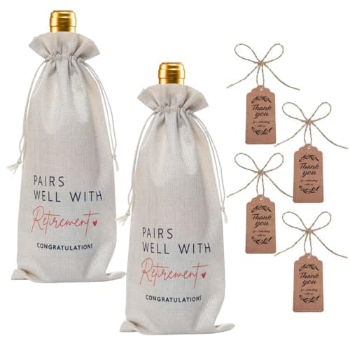 ZJO 2 Pack Retirement Wine Bags with Jute Drawstring and Kraft Blessing Cards, Pairs Well with Retirement Wine Bag, Going Away Thank You Gifts for Coworkers, Women and Men