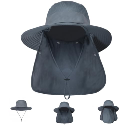 Sun Hat Bucket Hats for Men Women,Outdoor Wide Brim Fishing Hat with Detachable Face Cover & Neck Flap UV Protection DeepGrey