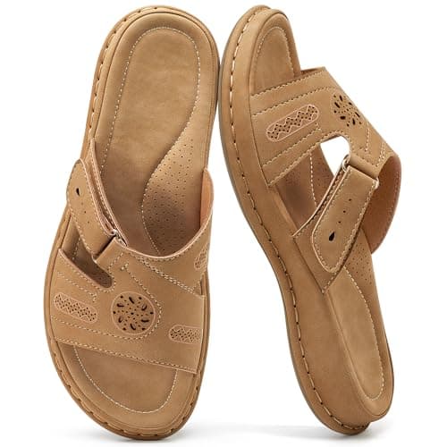 Larwen Womens Casual Slide Sandals: Brown 9-9.5 Adjustable Fit & Non-Slip Rubber Outsole for Errands - Arch Support & Cushioned Memory Foam Insole for Outdoor & Indoor Comfort - For Busy Women