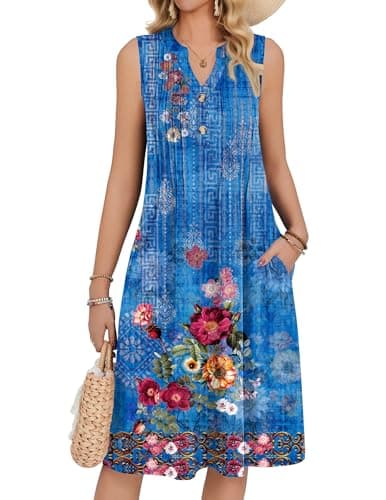 Zeagoo Womens Summer Boho Casual Dresses Sleeveless V Neck Midi Dress with Pockets Pleated Buttons Decor Tank Sundress