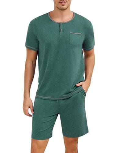 Marvmys Mens Pajamas Sets Cotton Short Sleeve Pjs Summer Sleepwear Casual Lounge Sets with Pockets Army Green L