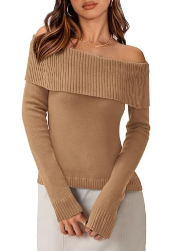 PRETTYGARDEN Womens Off the Shoulder Sweater Trendy Fall, Khaki,S