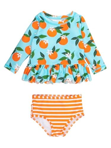 RuffleButts Baby/Toddler Girls Scalloped Long Sleeve Rash Guard 2-Piece UPF50+ Sun Protected Swimsuit - Blue Orange You The Sweetest, 4T