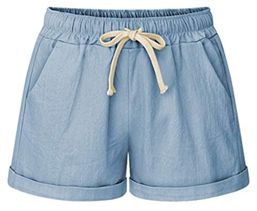 Fuwenni Elastic Waist Shorts for Women Summer Shorts Drawstring Shorts Casual Shorts Light Blue US 14/L