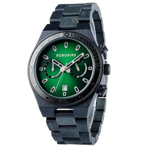 BOBO BIRD Men's Wood Watches Chronograph Date Wristwatches Analog Quartz Timepieces Tigerwood Maple Strap Watches Luxury Fashion Business Timepieces (Green)