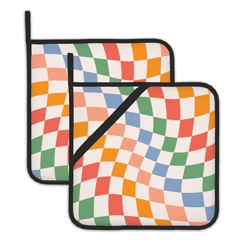 2 Pack Colorful Checkered Pot Holders for Kitchen Heat Resistant, Abstract Retro Wavy Potholders for Kitchens Washable for Cooking & Baking & Microwave