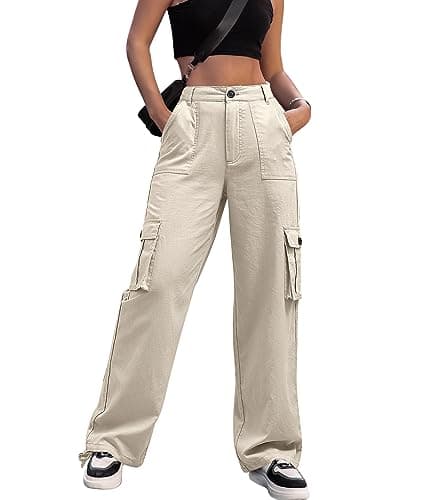 Women High Waisted Cargo Pants Wide Leg Casual Pants(Light Khaki,Large)