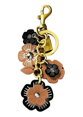 ZOONAI Flower Bag Charms for Women, Cute Leather Flower Keychain for Backpack, Floral Keyring Holder Wallet Purse Decorations (A-Black)