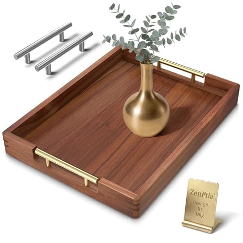 ZENPTIA 17-Inch Acacia Wood Serving Tray, 2 Handle Sets, Gold and Silver