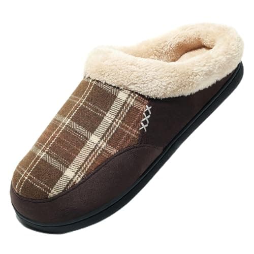 NewDenBer Men's Cozy Memory Foam Slippers Plaid Soft Plush Fleece Lined Slip on Indoor Outdoor Clog House Shoes (10.5 D(M) US, Brown)