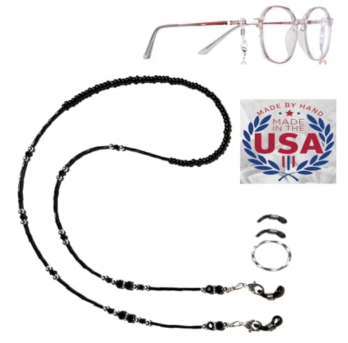 Hidden Hollow Beads Women's Handmade USA Beaded Eyeglass Holder, Sunglasses Chain, Interchangeable Ends, 28 Inch (Black & Silver)